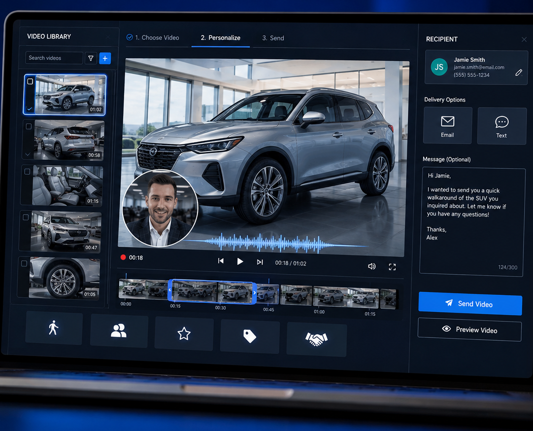 LESA Dealer Video Suite desktop interface showing a personalized SUV walkaround video with video library, timeline, sales rep message, and Send Video options