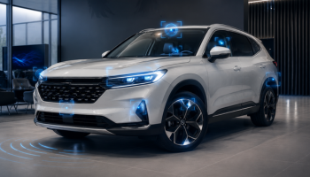 White SUV with glowing blue AI markers highlighting key vehicle features