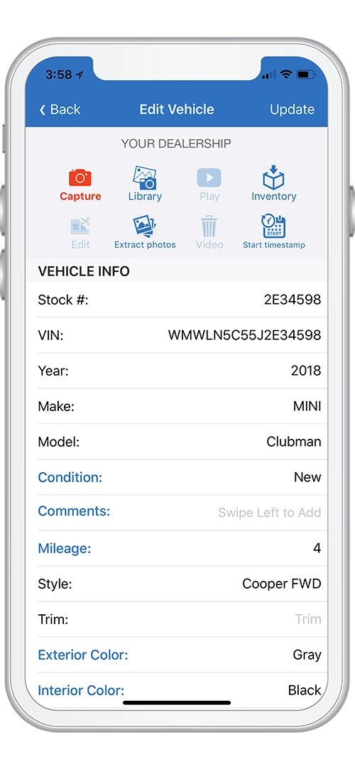 LESA app Edit Vehicle screen showing capture tools plus VIN, stock number, year, make, model, mileage and color fields