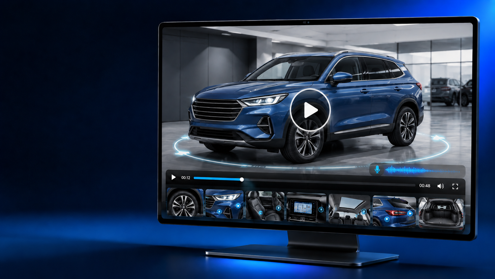 LESA video player showing a blue SUV walkaround with interactive hotspots, interior thumbnails, and a voiceover waveform on a desktop monitor