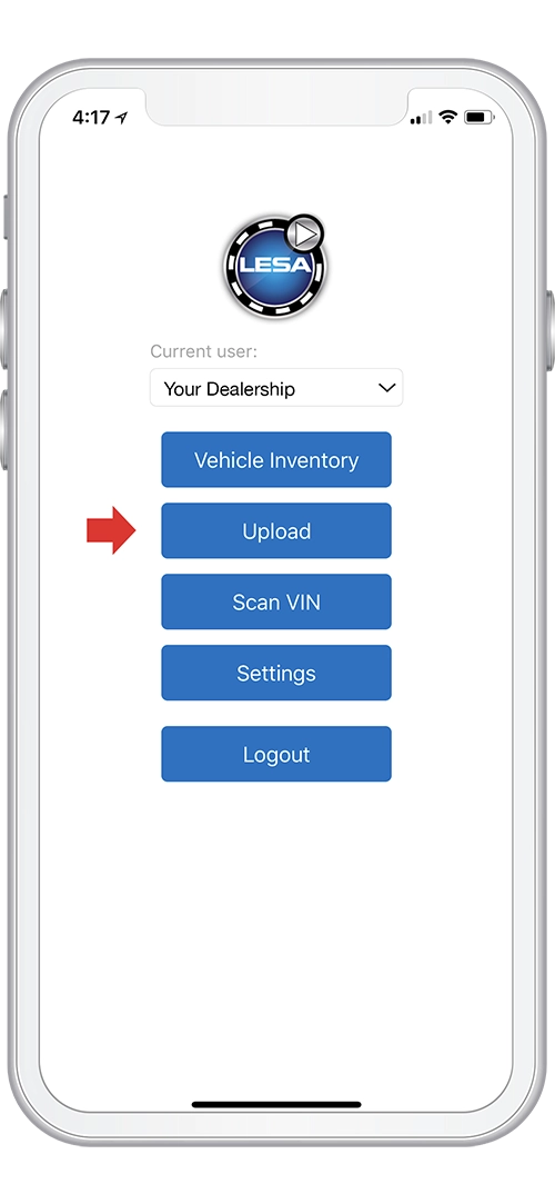 LESA app home menu on a phone with the Upload option highlighted