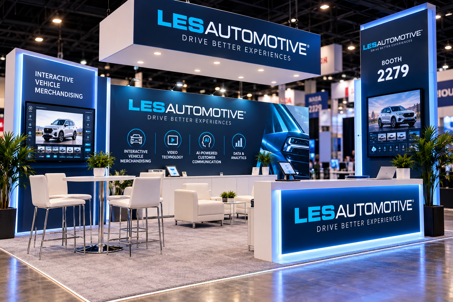LESAutomotive exhibition booth for NADA 2027 with Booth 2279 signage, interactive vehicle video displays, and lounge seating