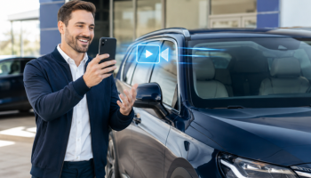 Salesperson recording a personalized video message beside a dark blue vehicle at a dealership