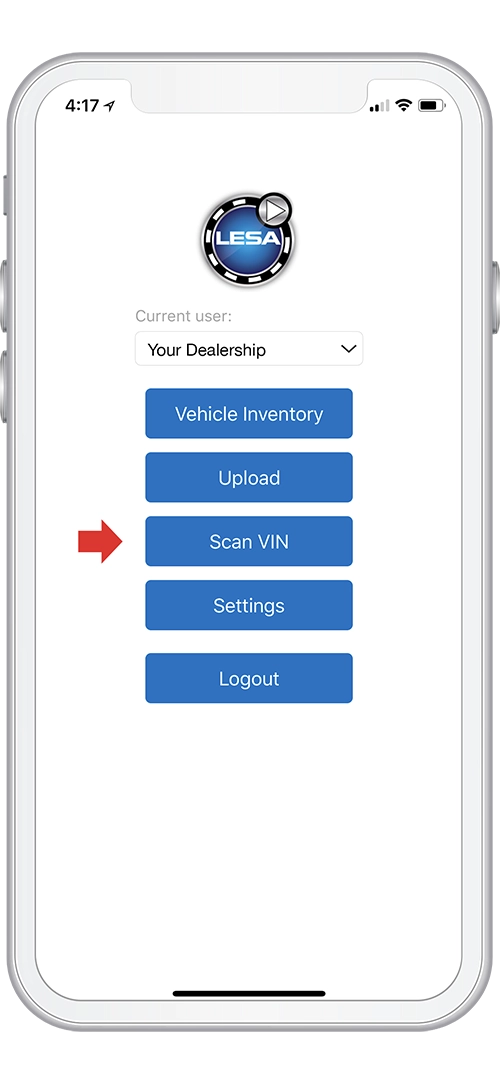 LESA app home menu on a phone with Vehicle Inventory, Upload, Scan VIN, Settings and Logout, with Scan VIN highlighted