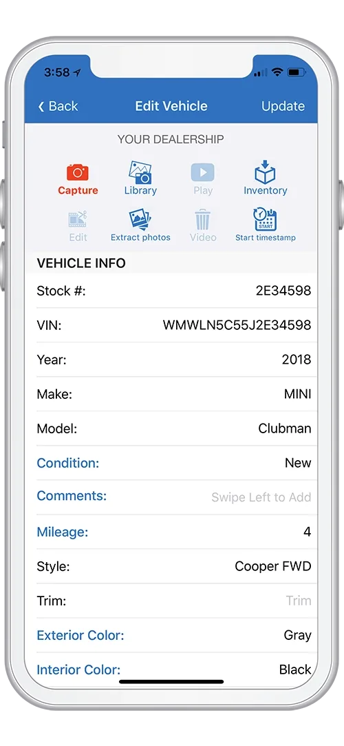 LESA app Edit Vehicle screen showing capture tools plus VIN, stock number, year, make, model, mileage and color fields